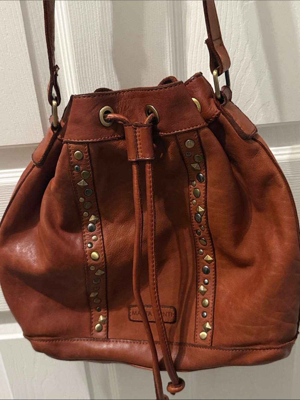 Marta Ponti Leather Studded Drawstring Shoulder Bucket Bag